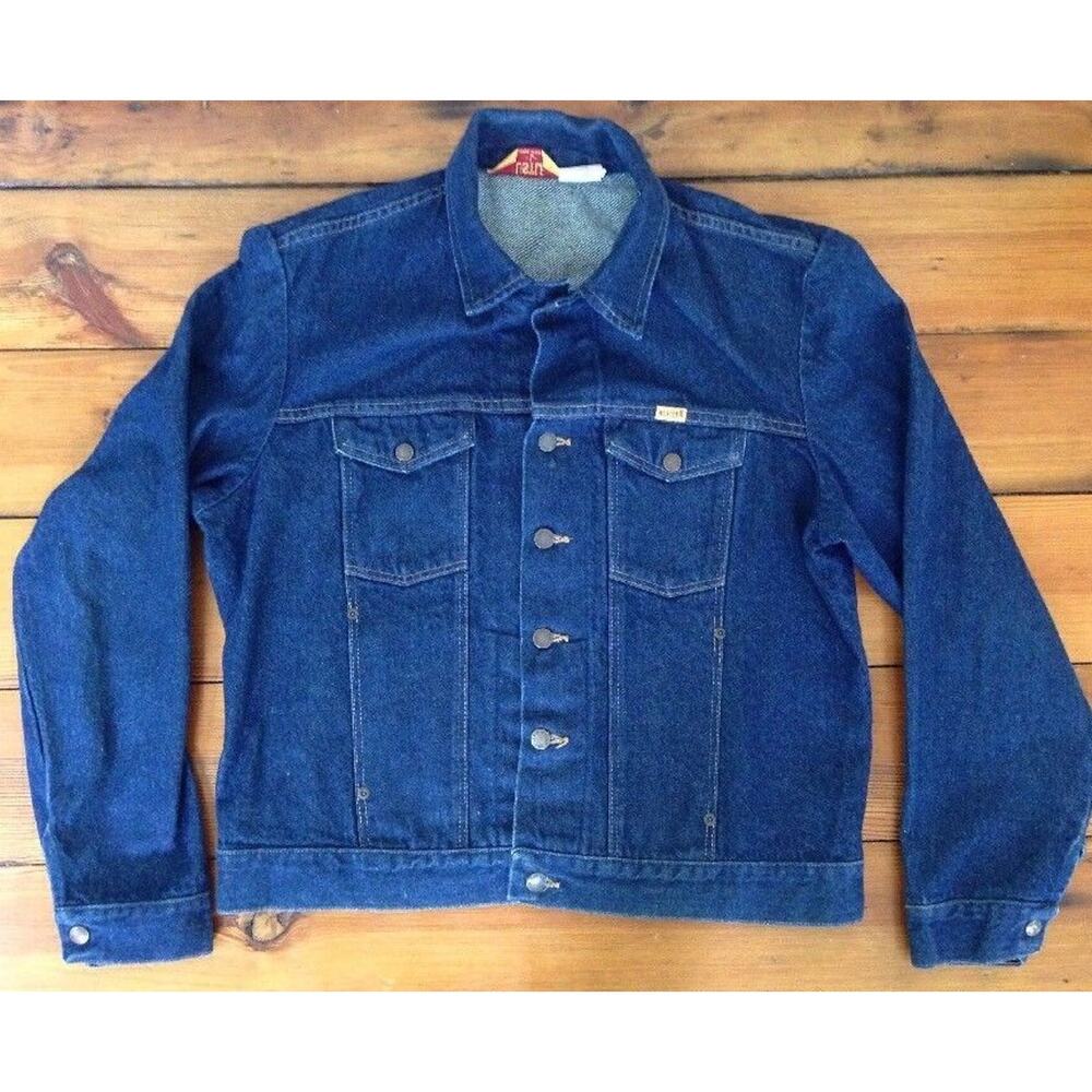 Vtg Rustler Button Up Dark Blue Cotton 13oz Denim Jean Jacket M-L 48" Chest USA